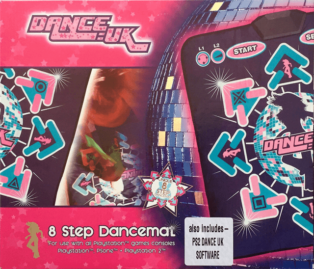 presumably a scan of a DANCE:UK box, advertising the 8-step dancemat.