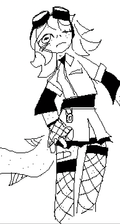 a digital drawing of TROUT?!. he is a fishlike humanoid with slick, shoulder-length hair, and diamond-shaped irises. he is wearing a long-sleeved black shirt underneath a cropped button-up, goggles on his head, a miniskirt, and fishnet thigh-highs and gloves.
