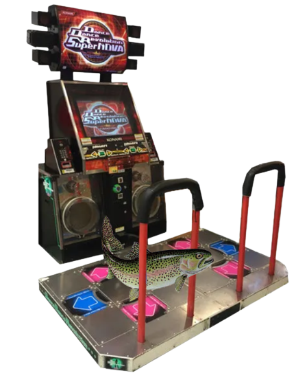 a photo of a DDR Supernova cabinet, with a picture of a flopping fish superimposed onto the dance pads.